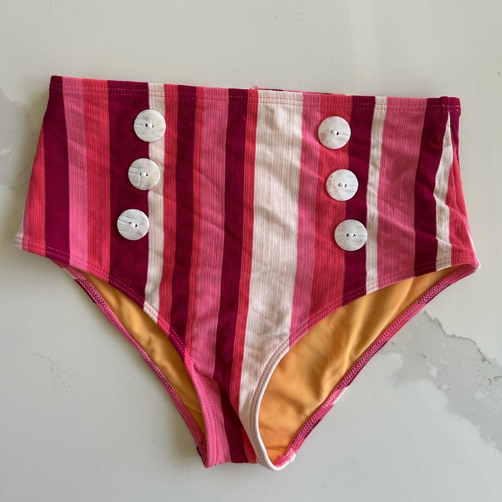 Seea Pink and White High-Waisted Bikini Bottom